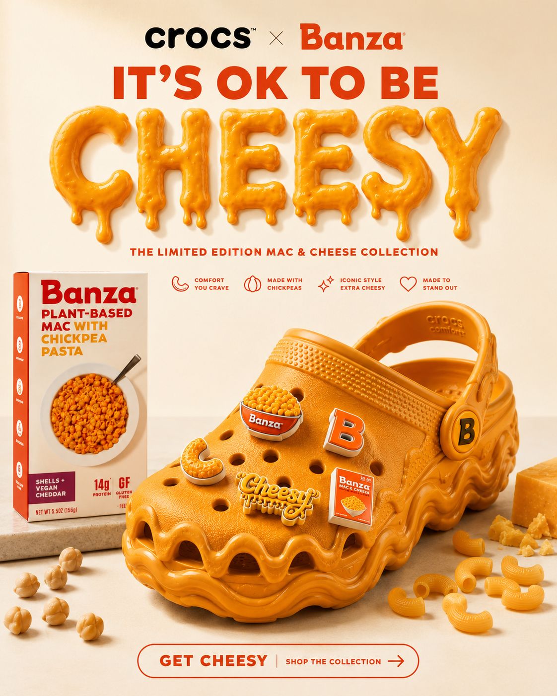 Crocs x Banza It's OK To Be Cheesy hero campaign visual