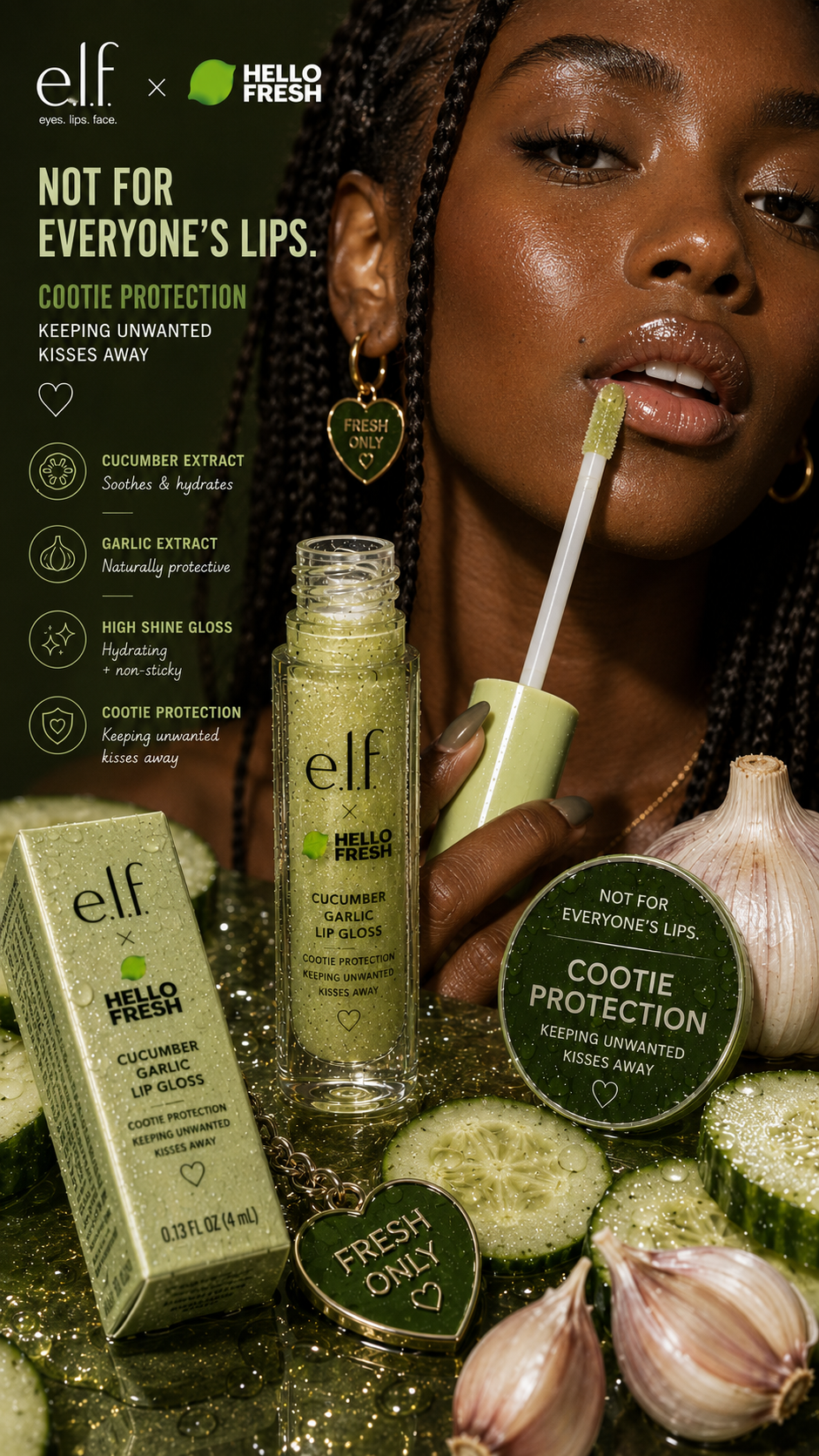 e.l.f. x HelloFresh Cucumber Garlic Lip Gloss campaign visual