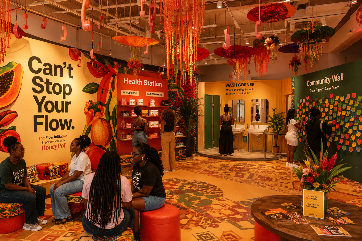Can't Stop Your Flow immersive experience space with Health Station, Wash Corner, and Community Wall