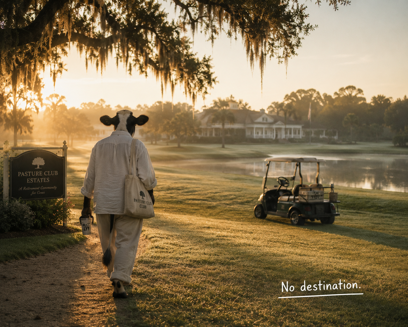 Cow walking with no destination at sunrise